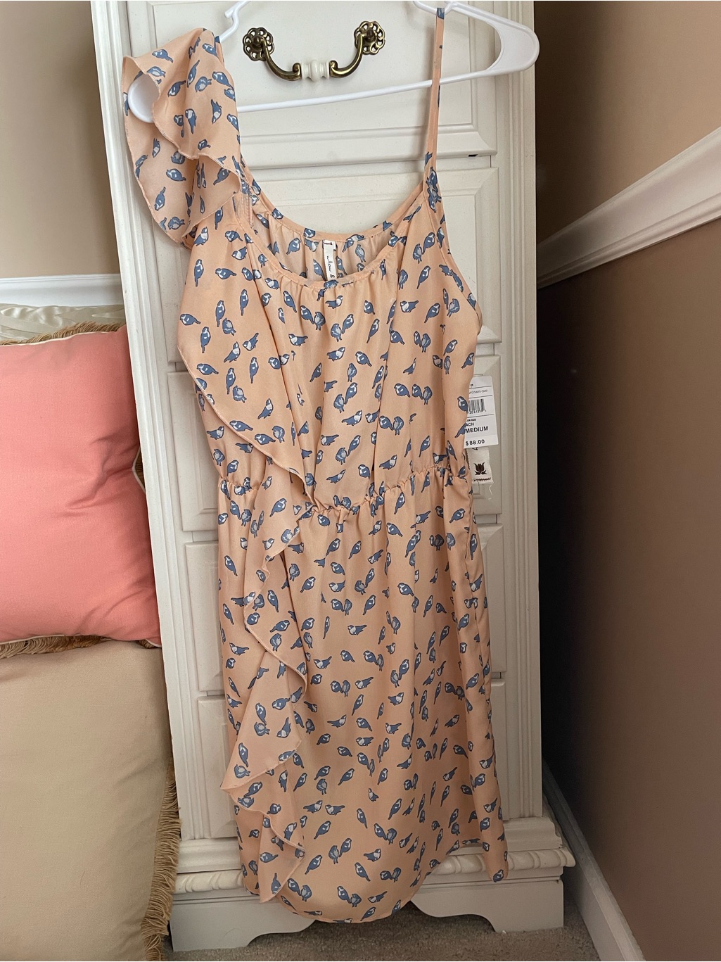 Peach Floral Ruffle One-Shoulder Dress With Birds